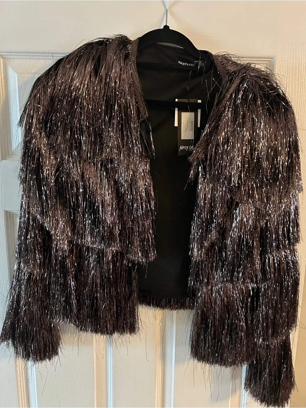 Nasty Gal Black Shaggy Tinsel Fringe Jacket